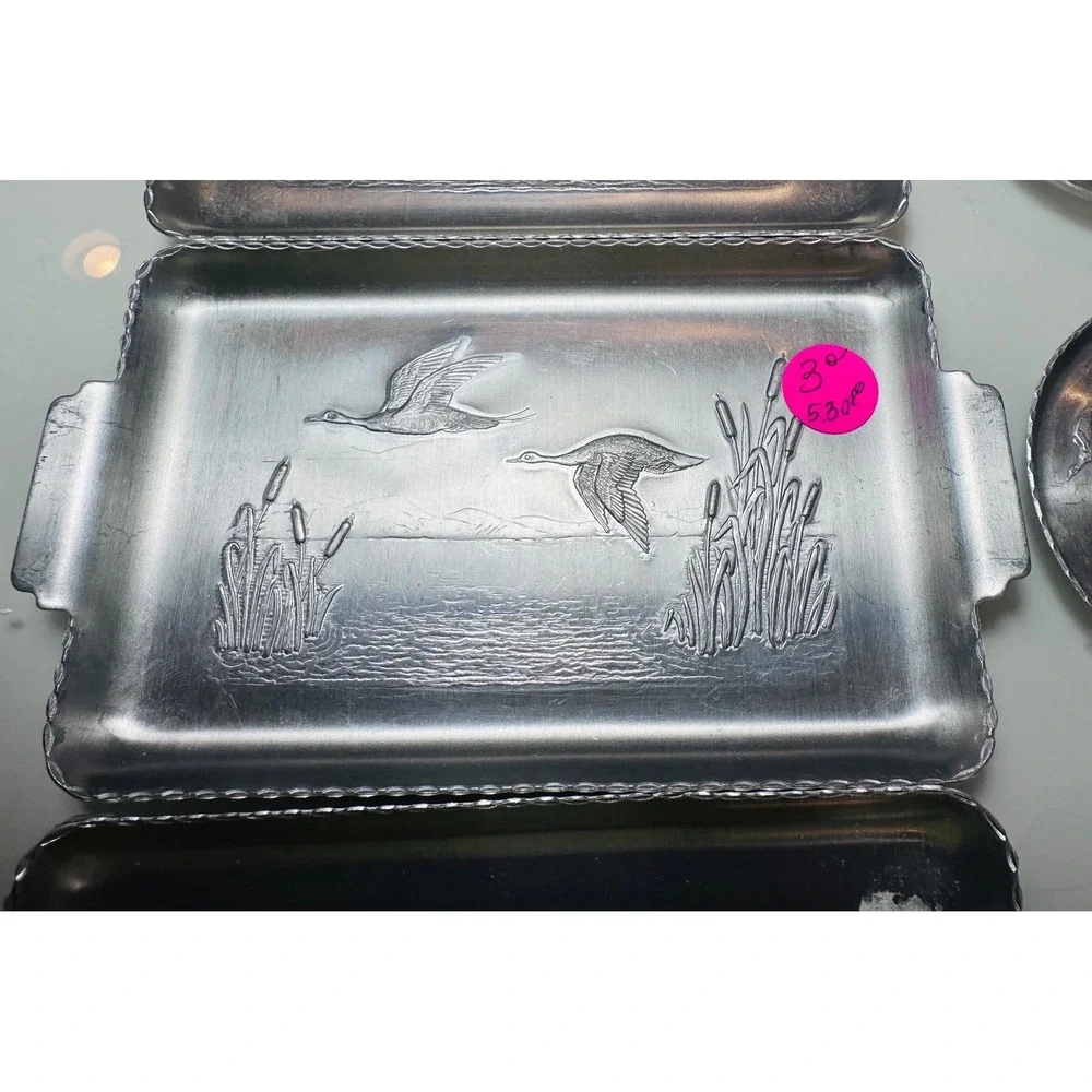 Vintage Hammered Aluminum Duck Trays and Coasters Set of 8 Wildlife Cabin Decor